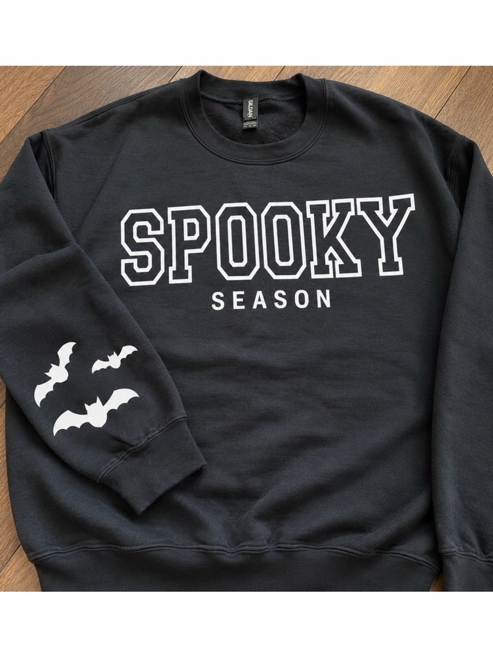 Gildan Black Crewneck Sweatshirt with White "SPOOKY SEASON" Graphic
